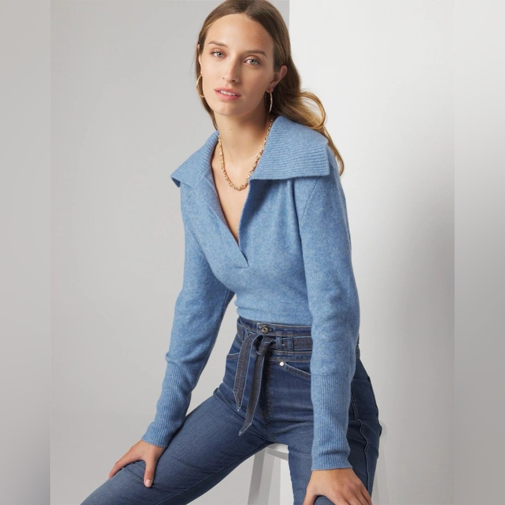White House Black Market Sky Blue Wide Collar Knit Pullover Sweater XS Wool